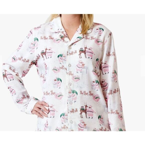Pottery Barn Blush Heritage Santa Adult Flannel Pajama Set Med - Picture 2 of 8
